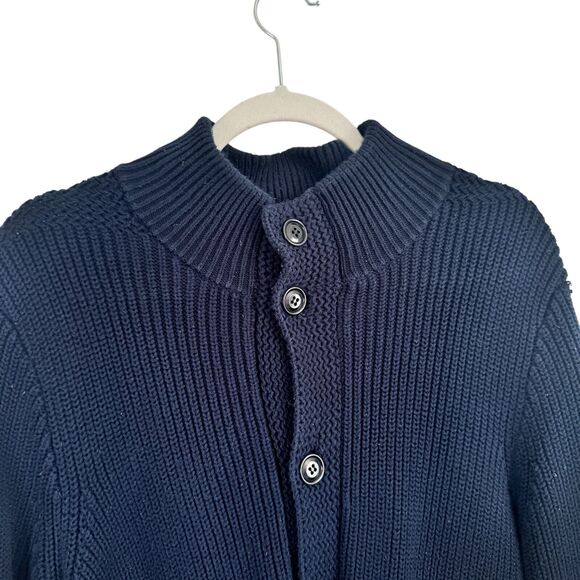 J Crew Navy Blue Cotton Cable Knit Cardigan Sweater Chunky Preppy Mens Large - Picture 3 of 7